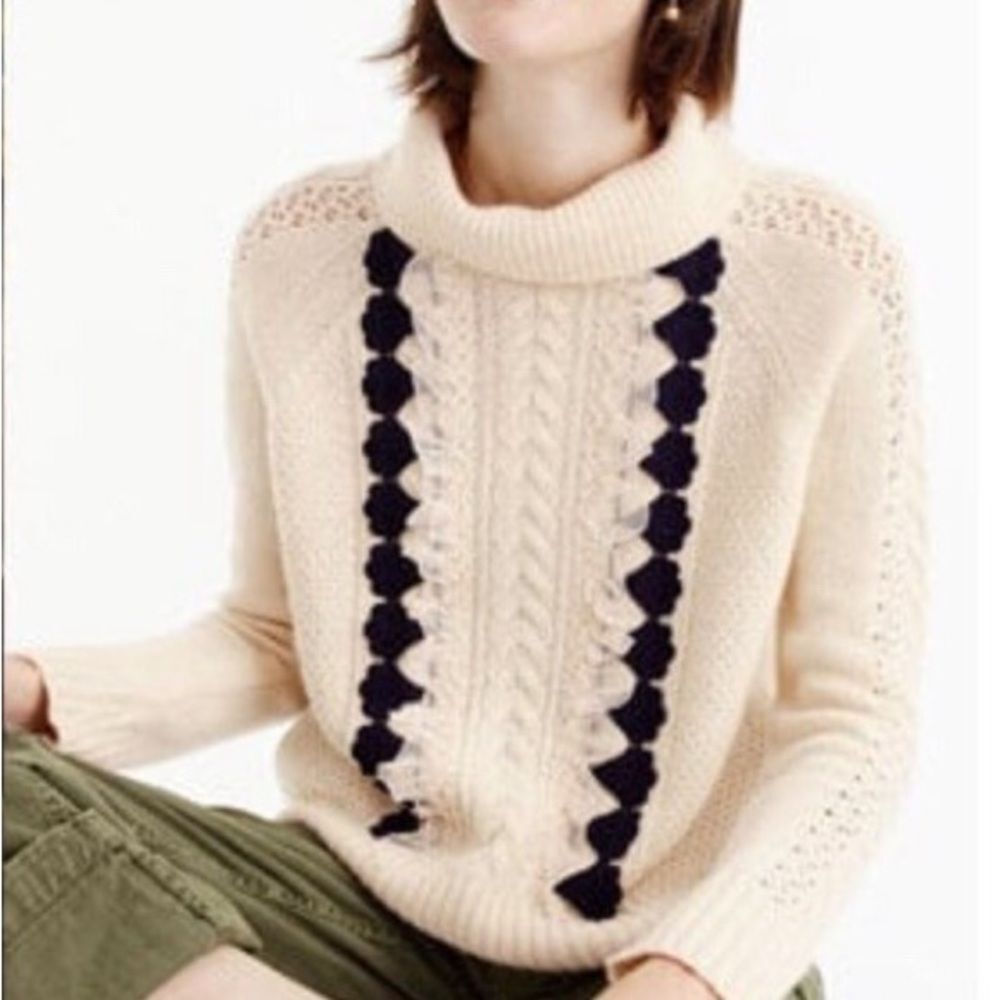 J. Crew Embellished Cable Knit Ruffle Detail Sweater